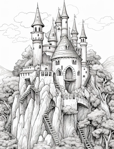 Um desenho de um castelo no topo de uma imagem IA generativa da montanha