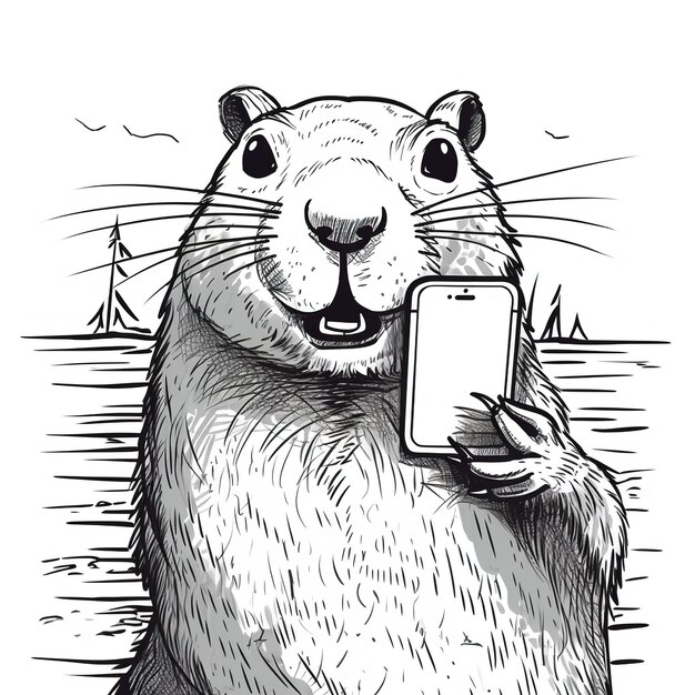 Foto um desenho de um castor segurando um telefone celular com uma imagem de um castoro nele