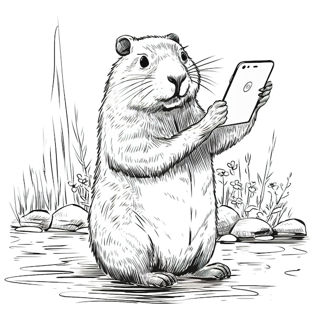 Foto um desenho de um castor segurando um telefone na mão