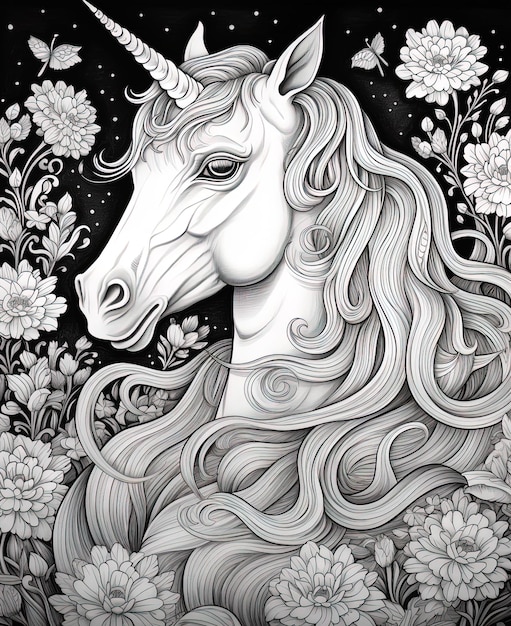Um desenho de um cavalo com flores e as palavras " unicórnio " nele.