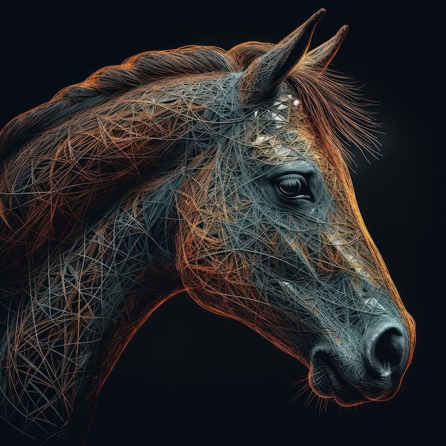 Um desenho de um cavalo com fundo preto e as palavras "cavalo" na frente.