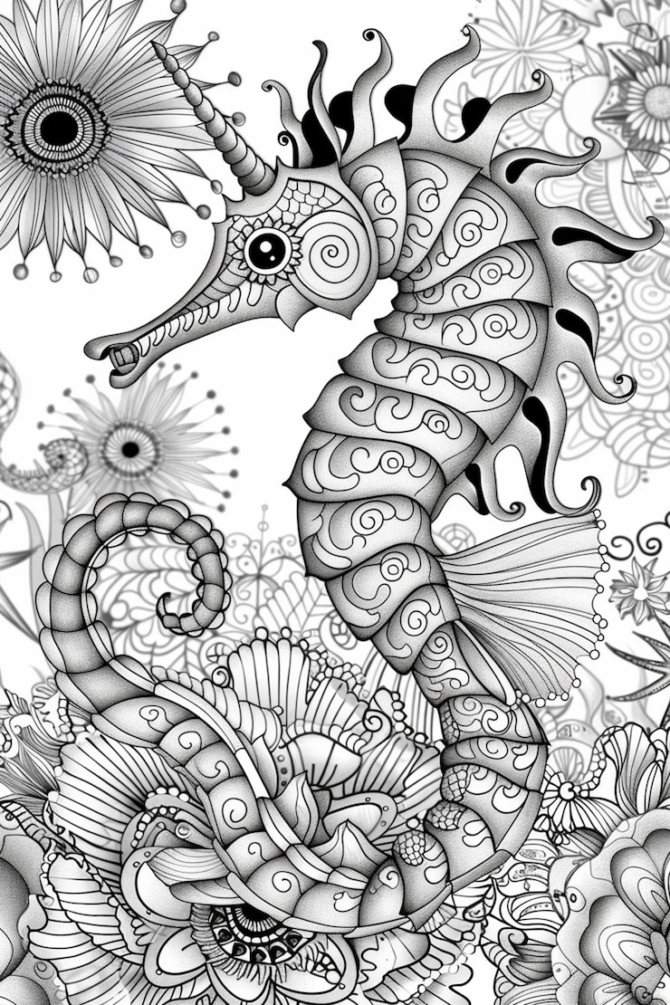 Foto um desenho de um cavalo-marinho com um padrão de conchas marinhas