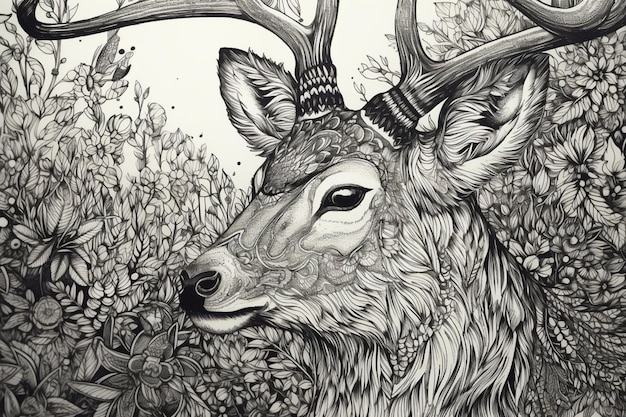 Um desenho de um cervo com chifres e uma flor na haste.