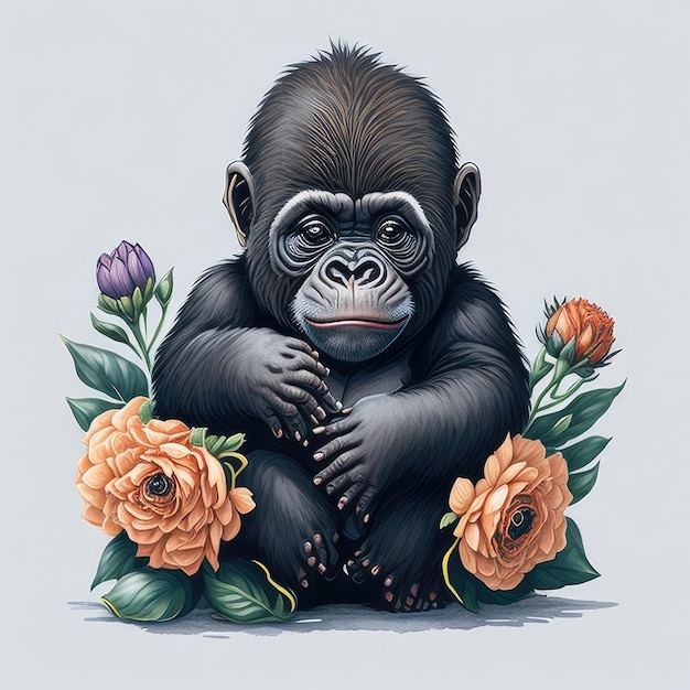 Um desenho de um chimpanzé com flores de laranja nele.