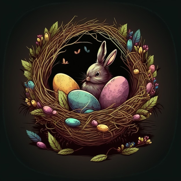 Um desenho de um coelho em um ninho com ovos coloridos.