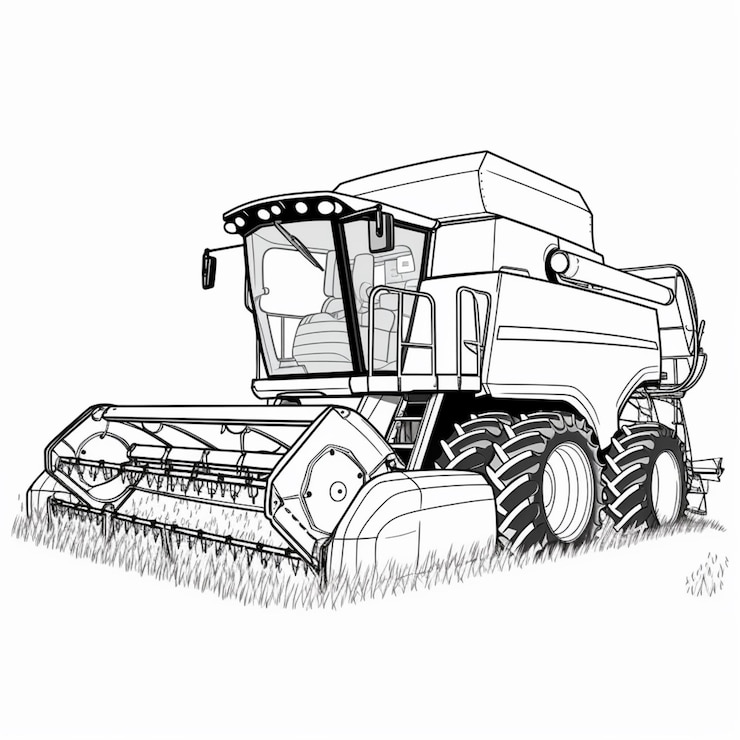 Foto um desenho de um combinador num campo com um tractor atrás dele