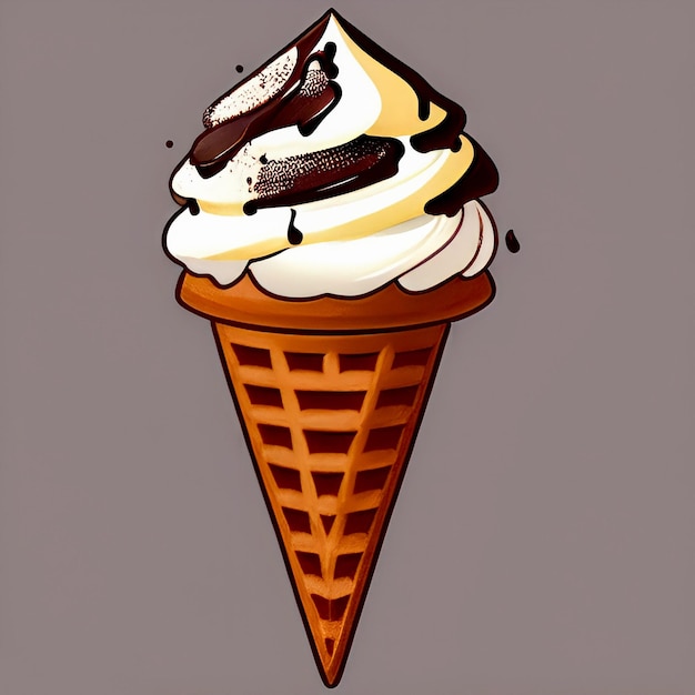 Um desenho de um cone de waffle com sorvete de chocolate e baunilha.