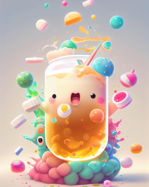Um desenho de um copo de líquido com um rosto e um doce nele.