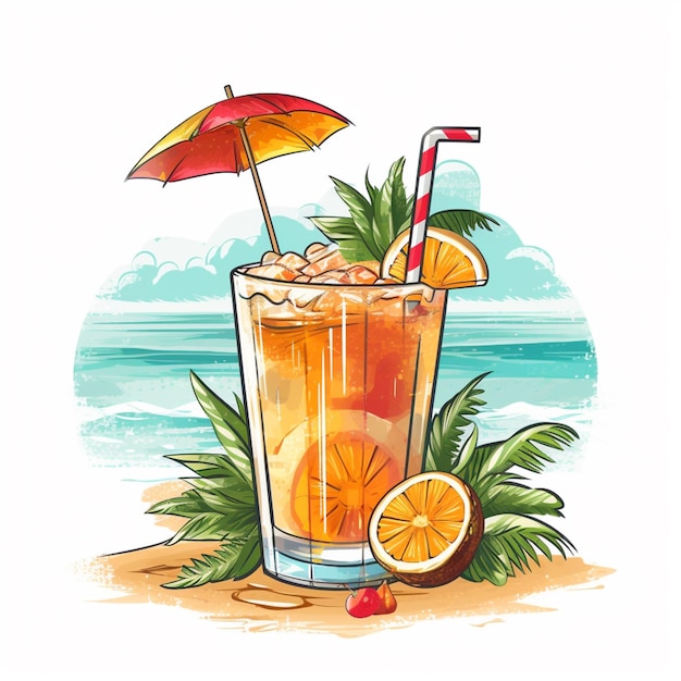 Um desenho de um copo de suco de laranja com um canudo e um canudo.