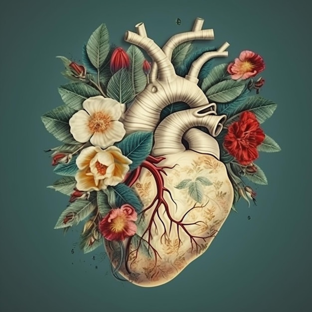 Um desenho de um coração com flores e folhas.