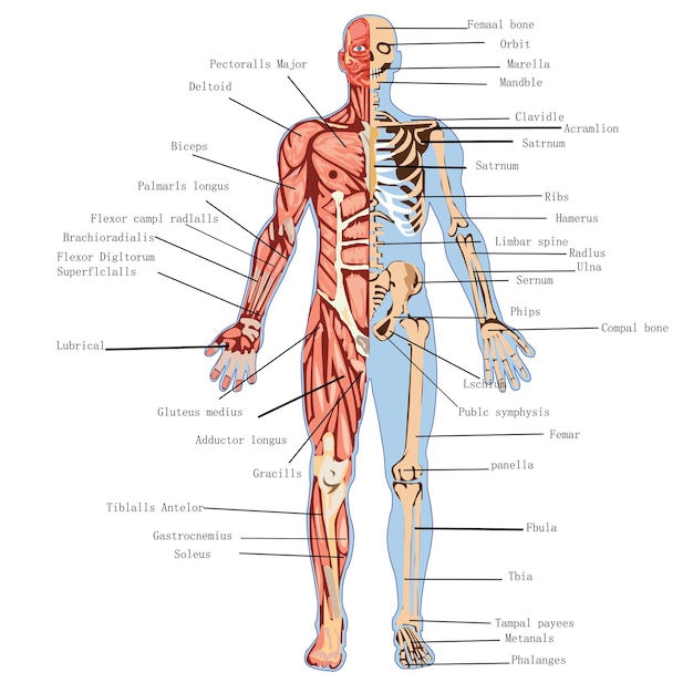 Foto um desenho de um corpo humano com os músculos rotulados com a parte inferior do corpo