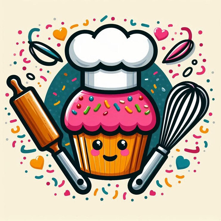 Foto um desenho de um cupcake com uma escova de dentes e uma escova com corações e corações nele