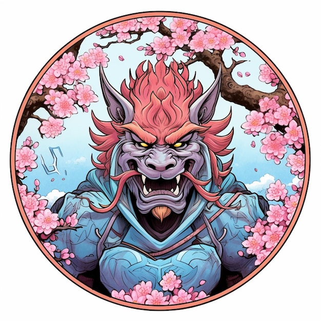 Um desenho de um demônio com uma cabeça vermelha e um rosto rosa generativo ai