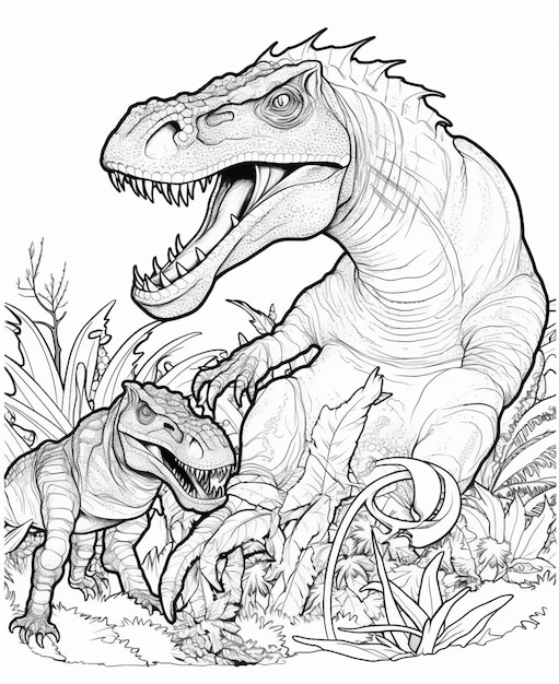 Um desenho de um dinossauro atacando um pequeno T-Rex generativo ai