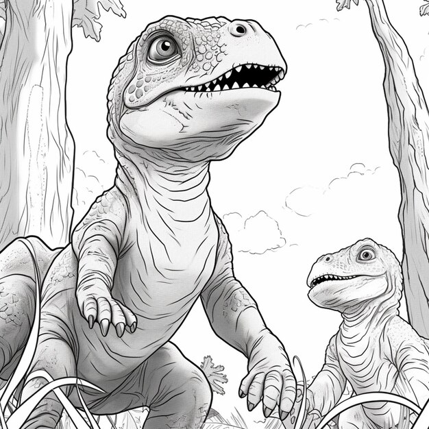 um desenho de um dinossauro e um T-Rex em uma floresta generativa ai