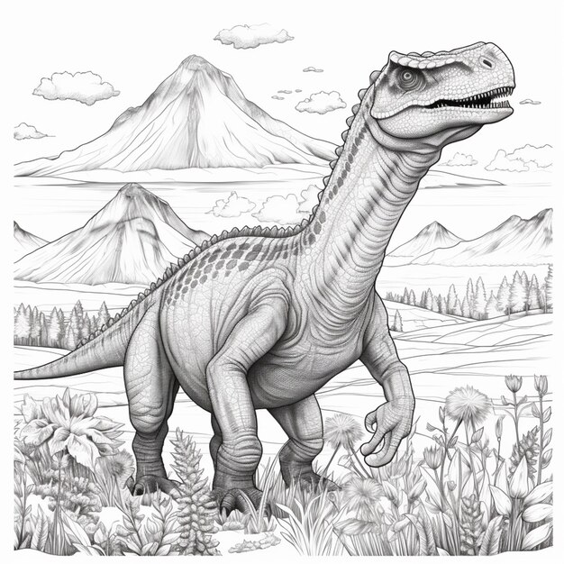 um desenho de um dinossauro em um campo com montanhas ao fundo