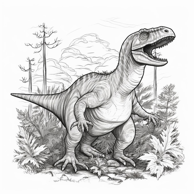 um desenho de um dinossauro na grama com árvores ao fundo IA generativa
