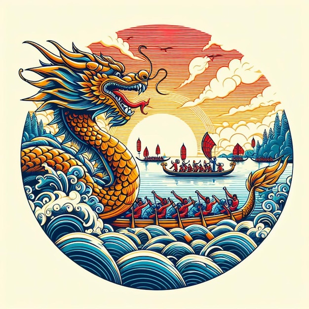 um desenho de um dragão com barcos na água