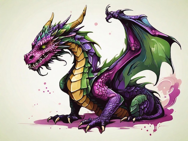 um desenho de um dragão com um fundo roxo