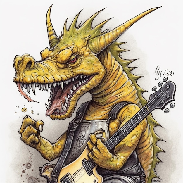 Um desenho de um dragão com uma guitarra nele.