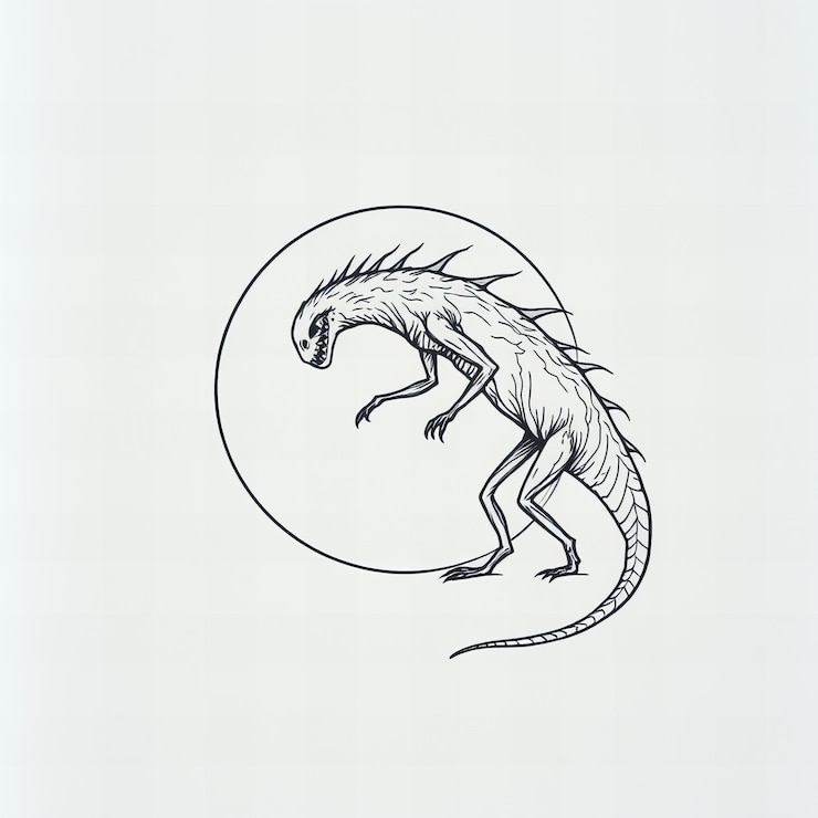 Foto um desenho de um dragão com uma lua no fundo