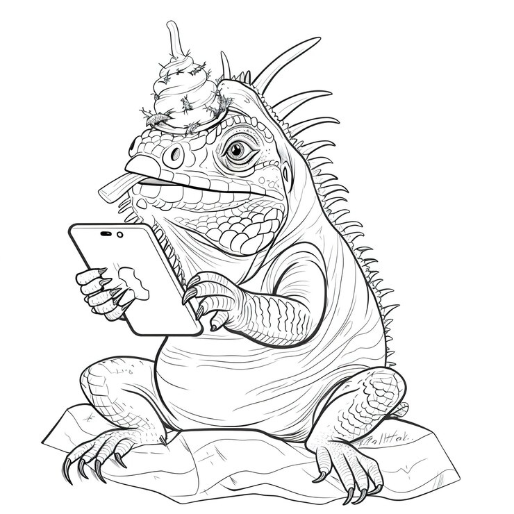 Foto um desenho de um dragão com uma tábua na mão