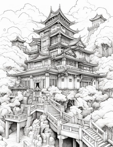 um desenho de um edifício de estilo japonês com escadas que levam a ele