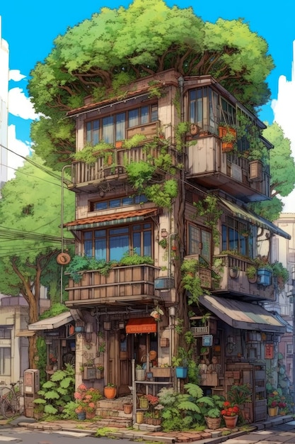Um desenho de um edifício que tem árvores e plantas