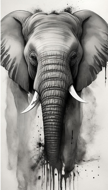 Um desenho de um elefante com presas e um fundo branco.