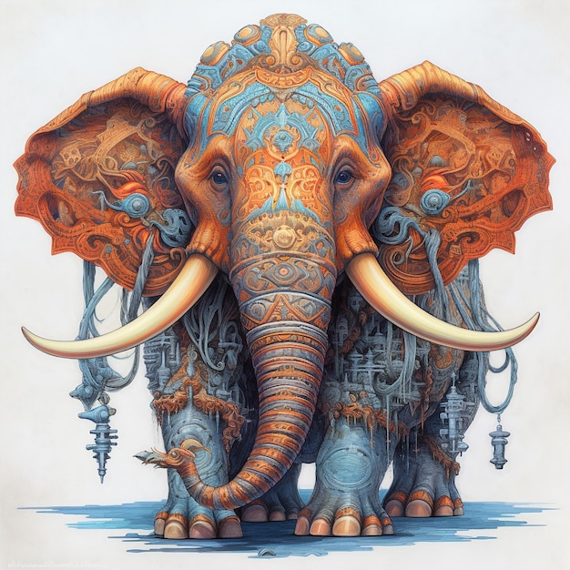 Um desenho de um elefante com um padrão azul e laranja na cabeça.
