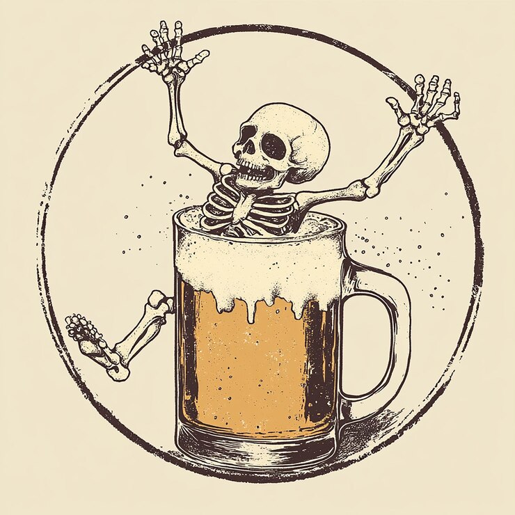 Foto um desenho de um esqueleto com os braços estendidos na frente de uma caneca cheia de cerveja
