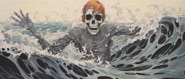 um desenho de um esqueleto na água com um crânio nele