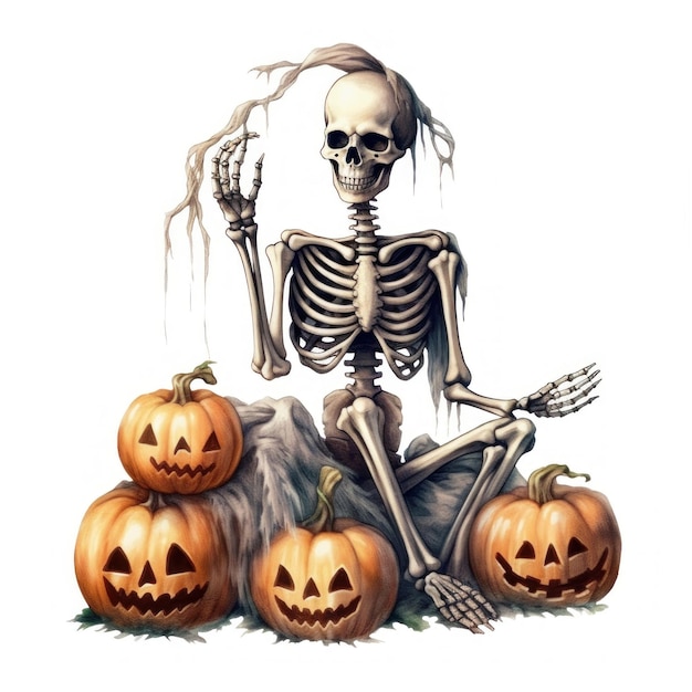 Um desenho de um esqueleto sentado numa pilha de abóboras.