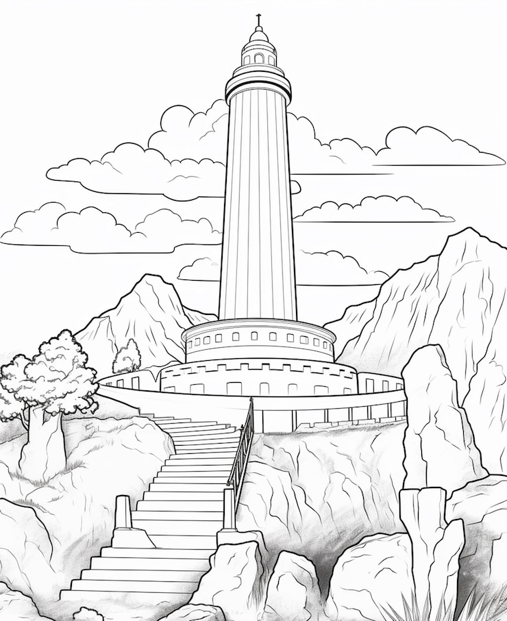 Foto um desenho de um farol em uma colina com degraus que levam a ele