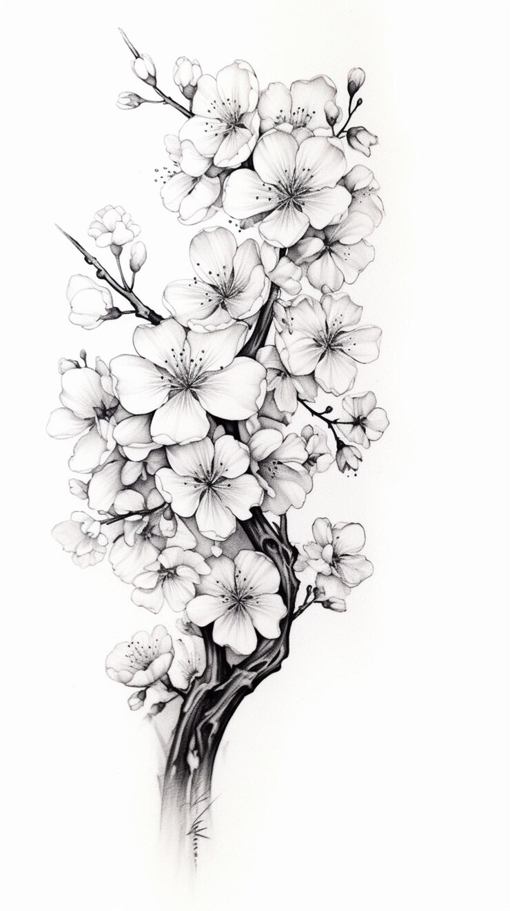 Foto um desenho de um galho de uma cerejeira com flores brancas generativas ai