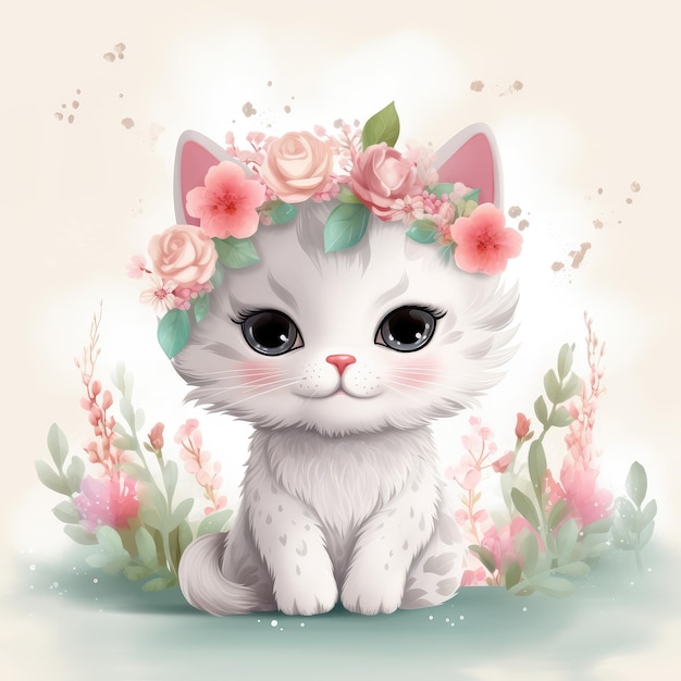 Um desenho de um gato branco com uma coroa de flores nele.