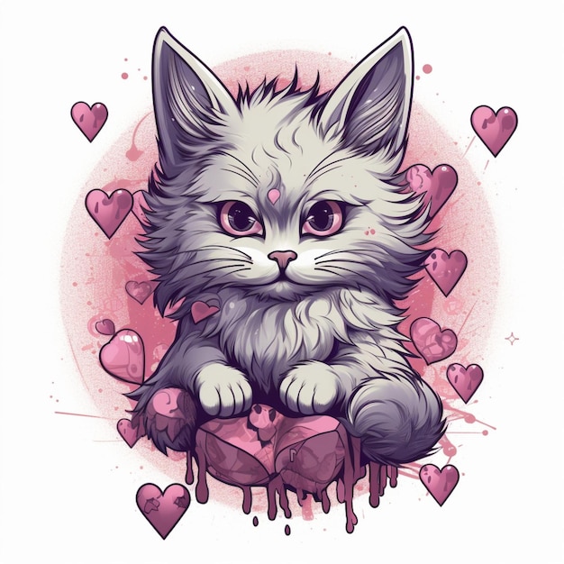 Um desenho de um gato com corações rosa e roxo nele