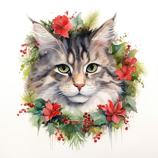 um desenho de um gato com flores e uma foto de um gato con uma coroa de flores nele