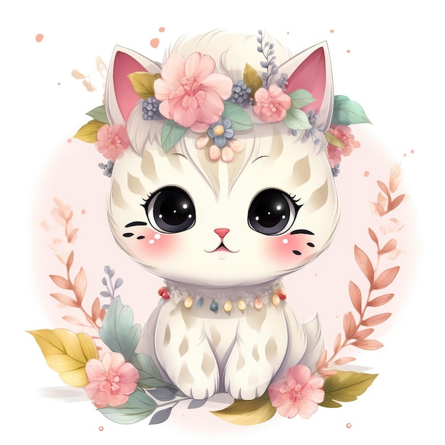 Um desenho de um gato com flores no meio