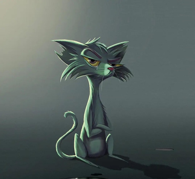 Um desenho de um gato com olhos amarelos e nariz verde.