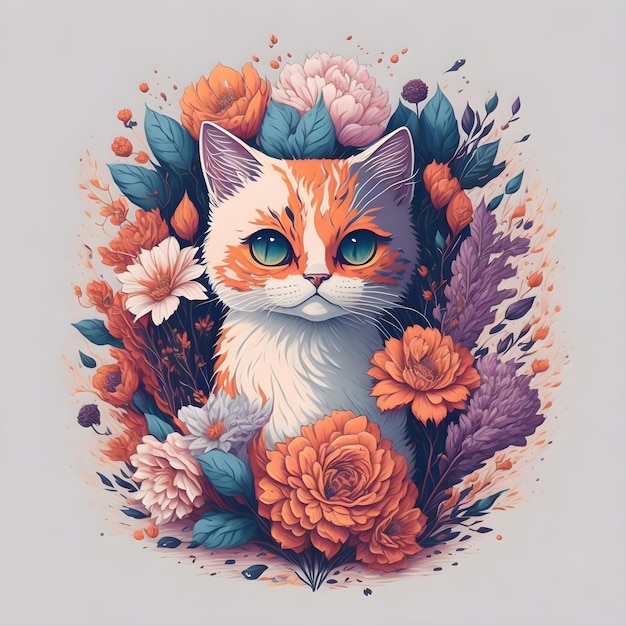 Um desenho de um gato com olhos azuis e flores alaranjadas.