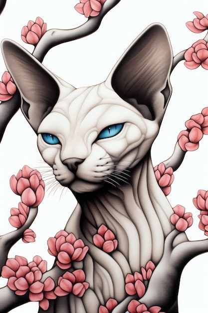Um desenho de um gato com olhos azuis e um fundo florido.