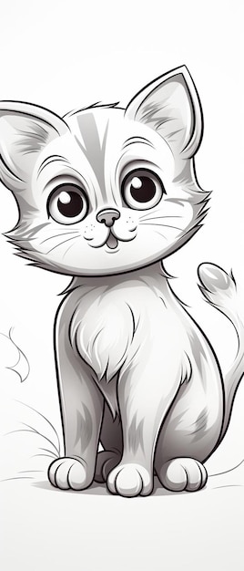 Um desenho de um gato com olhos grandes e um nariz.