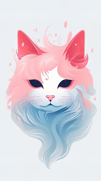 um desenho de um gato com um rosto azul e rosa