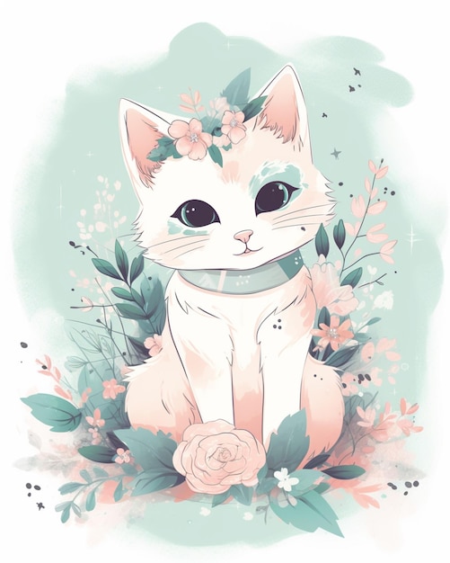 Um desenho de um gato com uma coroa de flores.