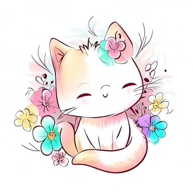 Foto um desenho de um gato com uma flor nele