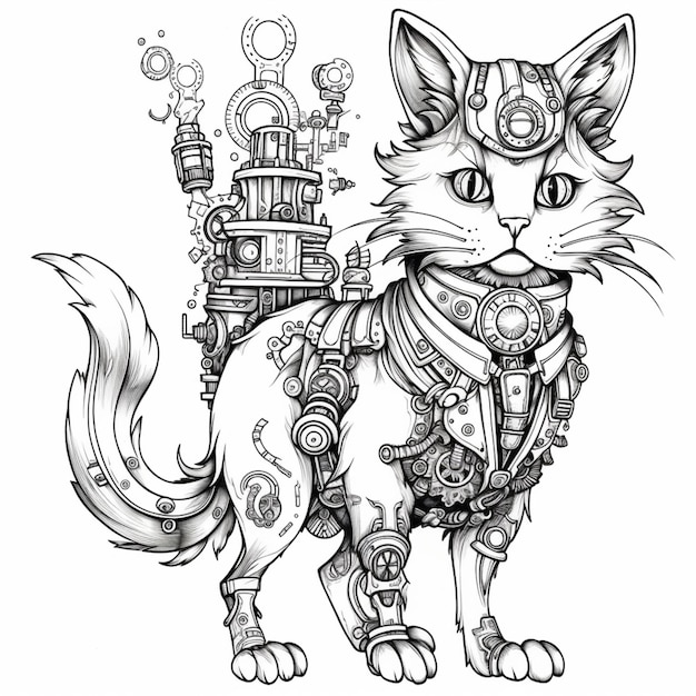 Foto um desenho de um gato com uma roupa steampunk e uma torre de relógio generativa ai