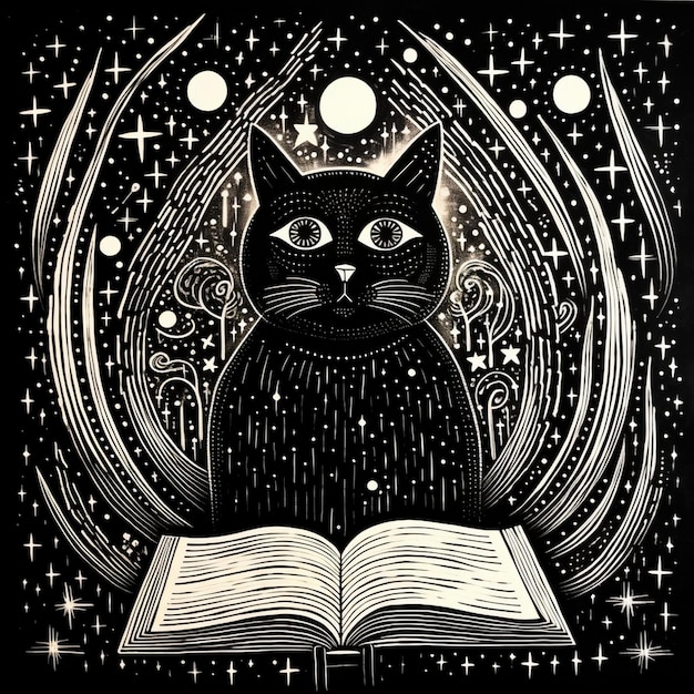 Um desenho de um gato preto com um livro intitulado "um gato".