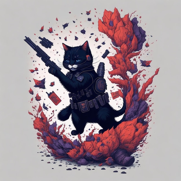 Um desenho de um gato preto com uma arma e um fundo vermelho.