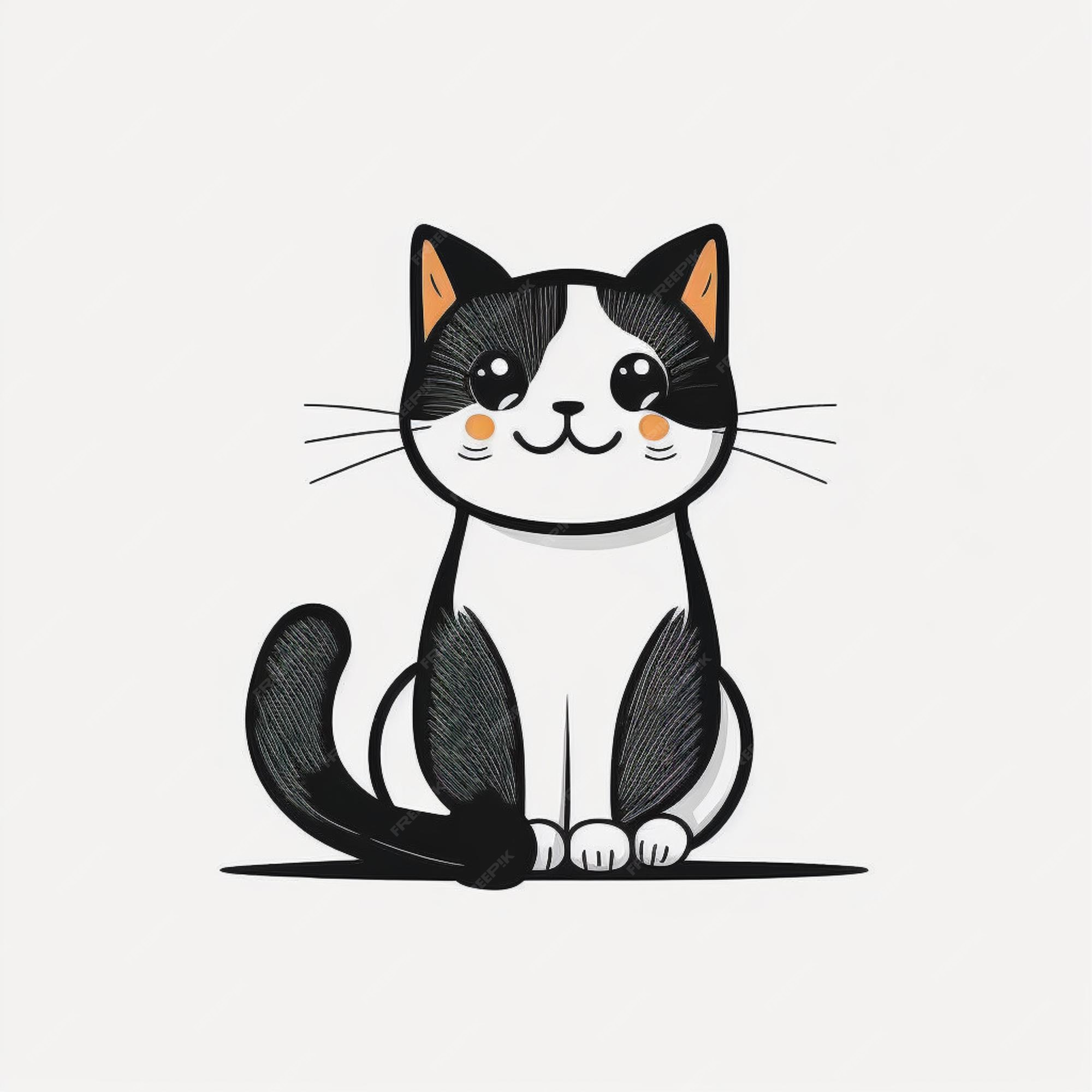 Um desenho de um gato preto e branco com um rosto branco e manchas pretas e  brancas.